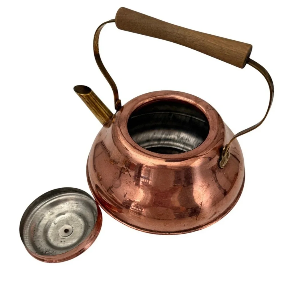 Vintage Hammered Spartan Copper Tea Kettle Stovetop Pot Brass Handle Wood Grip